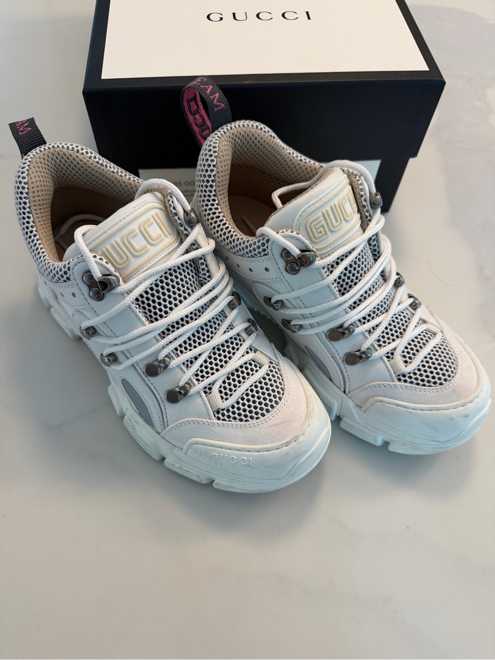 Gucci Flasktrek White and Cream Chunky Mesh Leather Sneakers Size 37 Unisex - Picture 3 of 12